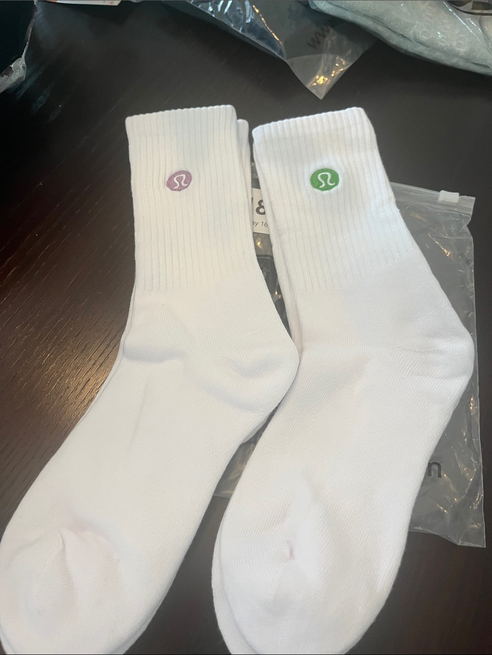 lululemon athletica White Crew Socks with Pink & Green Logo Accents - Men's